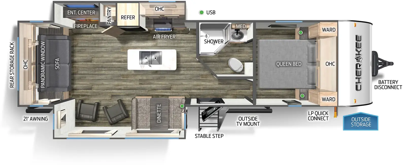 The 274WK features two slide outs and one entry. Exterior features battery disconnect, LP quick connect, outside TV mount, 21 foot awning, and rear storage rack. 
Interior layout front to back: foot-facing queen bed with overhead cabinet and wardrobes on each side; off-door side aisle pass through full bathroom with medicine cabinet; off-door side slide out with overhead cabinet, air fryer, refrigerator, pantry, and entertainment center with fireplace below; kitchen island with sink; door side entry, and slide out with dinette and two chairs; rear sofa with overhead cabinet, and panoramic window.